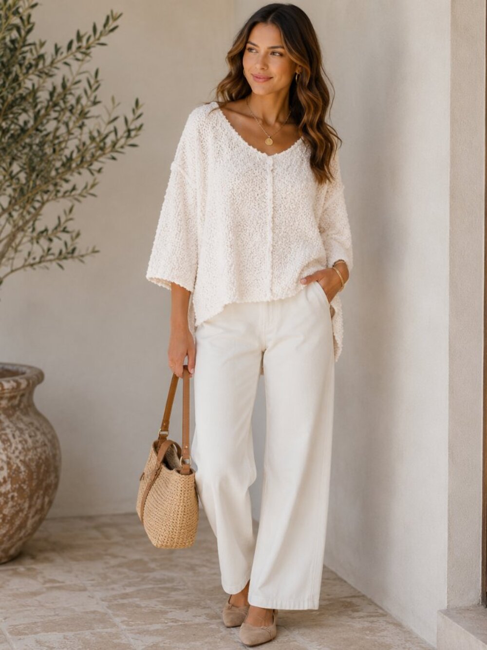 Entro Cream Boucle Oversized Sweater Top High Low Hem Womens Large Textured Knit